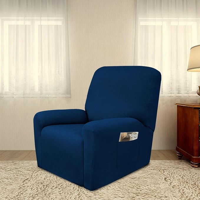 PureFit Stretc Recliner Chair Covers Fleece Soft Couch Covers for Sofa | Navy 4-Pieces Recliner Slipcover Pocket Couch Protector, Fleece Sofa Cover Washable with Non Slip Elastic Bottom