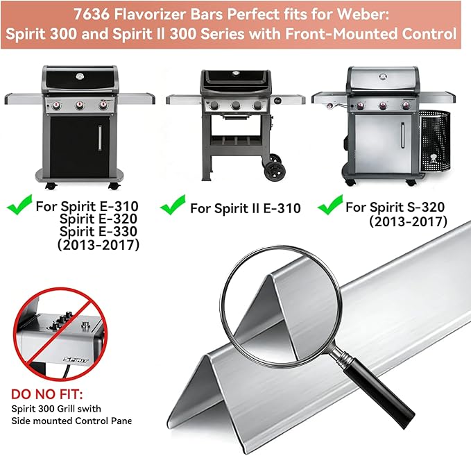 7636 Flavorizer Bars for Weber Spirit II E-310 & E-310 300 Series E320 E330 E315 S310 S320 S330 with Front Control, Stainless Steel Flavorizer Bars for Weber Spirit II GS4 67046 69797 68843, 5 Pack