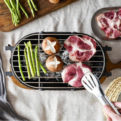 Mini Grill - 12 Inch Portable Cast Iron Outdoor Tabletop Grill - Handled Mini Japanese BBQ Charcoal Stove - Small Durable Camping Cast Iron Grill with Grate Hook