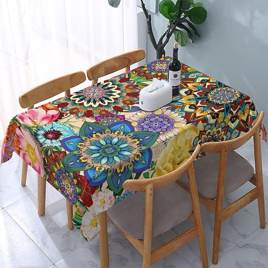 Rectangle 54"x72" Boho Floral Table Cloth, Colorful Flowers Tablecloth Oil-Proof Waterproof Kitchen Dining Room Decorative Table Cover for Party Birthday Outdoor Indoor