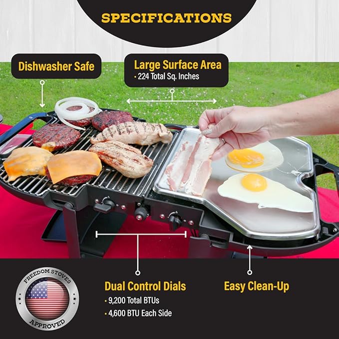 Freedom Stoves Lightweight Portable Gas Grill & Griddle Combo, 9,200 BTU, includes Carrying Tote