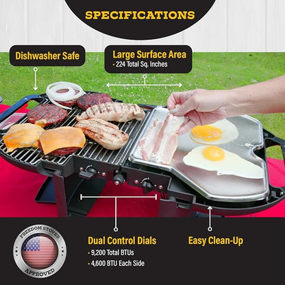 Freedom Stoves Lightweight Portable Gas Grill & Griddle Combo, 9,200 BTU, includes Carrying Tote