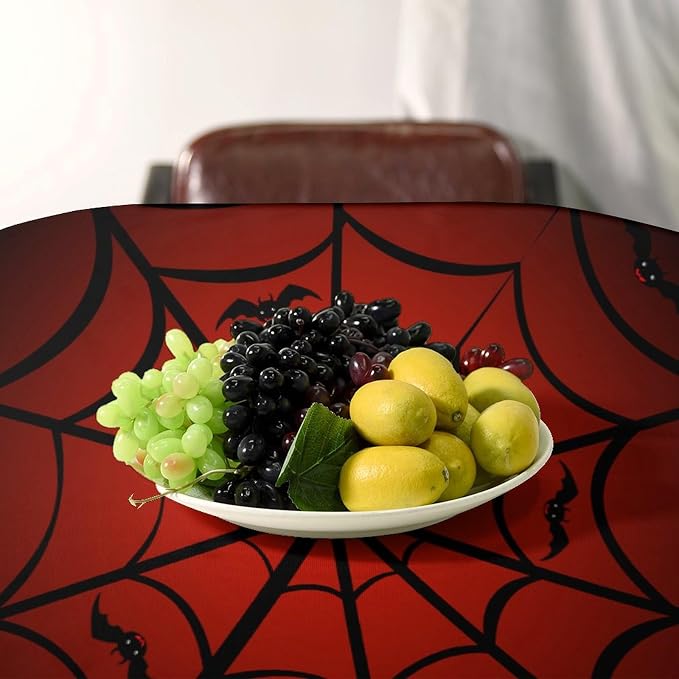 Spider Web Tablecloth, Gothic Black Spider Web Bat Red Water Resistant Wipeable Table Cover for Picnic Party Holiday Kitchen Dinner Table 60"x90"