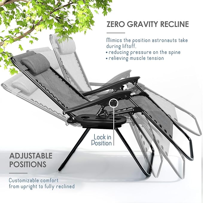 Nestl Zero Gravity Chairs Set of 4, Patio Lounge Chair Outdoor with Pillows & Cup Holder Trays, Adjustable Steel Mesh Reclining Camping Chair, Folding Patio Lawn Chair for Deck, Beach, Yard - Grey