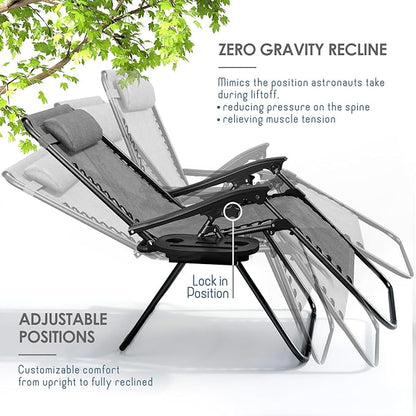 Nestl Zero Gravity Chairs Set of 4, Patio Lounge Chair Outdoor with Pillows & Cup Holder Trays, Adjustable Steel Mesh Reclining Camping Chair, Folding Patio Lawn Chair for Deck, Beach, Yard - Grey