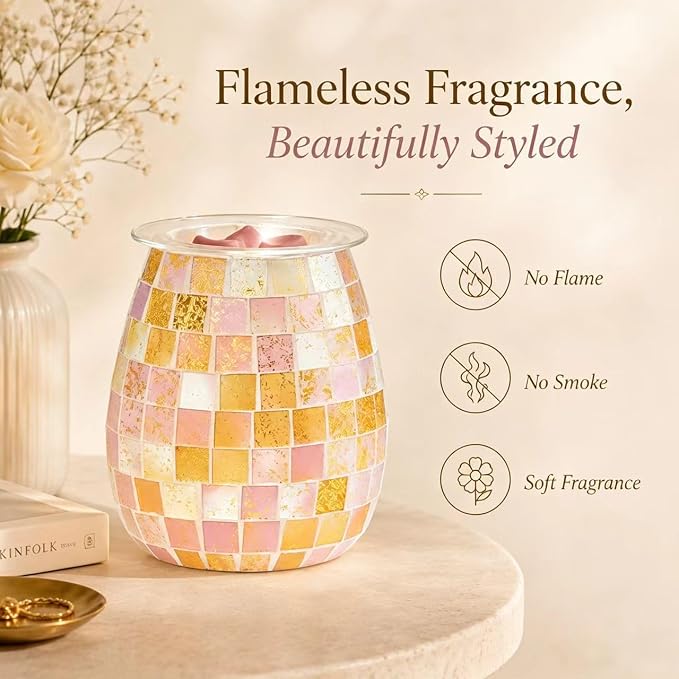 Dicimi Pink Wax Warmer for Scented Wax, Mosaic Glass Wax Melt Warmer with Gold Leaf, Electric Wax Burner with Removable Tray, Flameless Night Light Aromatherapy Gift for Women