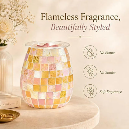 Dicimi Pink Wax Warmer for Scented Wax, Mosaic Glass Wax Melt Warmer with Gold Leaf, Electric Wax Burner with Removable Tray, Flameless Night Light Aromatherapy Gift for Women