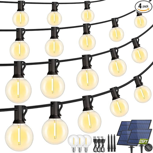 Mlambert 100FT(25FTx4) Solar Powered String Lights Outdoor, Waterproof Patio Light String with 40+3 Shatterproof LED G40 Bulbs for Backyard Garden-Black