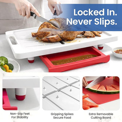 Large Cutting Board - XL Meal Prep System with Juice Groove, Spikes, Drip Tray & Removable BPA Free Cutting Board - Patented Multi-Feature Design Carving Board - BBQ Essential & Kitchen Gifts
