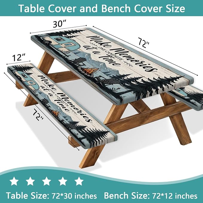 Picnic Table Cover with Bench Covers and Bag, Rustic Farmhouse Camper & Mountain Wood Print Waterproof Fitted Camping Tablecloths with Elastic Edges for Indoor, Outdoor & Garden, 3 Pcs Set 30x72 Inch