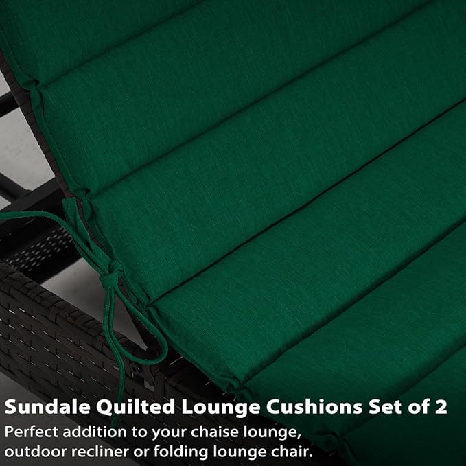 Sundale Outdoor Olefin Quilted Lounge Cushion Set of 2, Patio Foldable Chaise Lounger Cushion, Water-Resistant Lounge Chair Pad with Straps Dark Green, 80 x 26 inches
