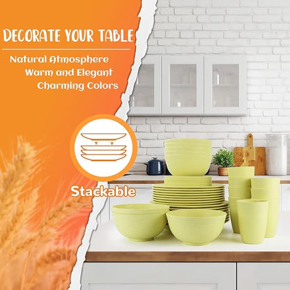 Wheat Straw Dinnerware Set 40-Piece Service for 8 Unbreakable Dishes Set Plates and Bowls Sets Drinking Glasses Microwave Safe Dish Set Lightweight Dinnerware Set for Home & Kitchen - Yellow