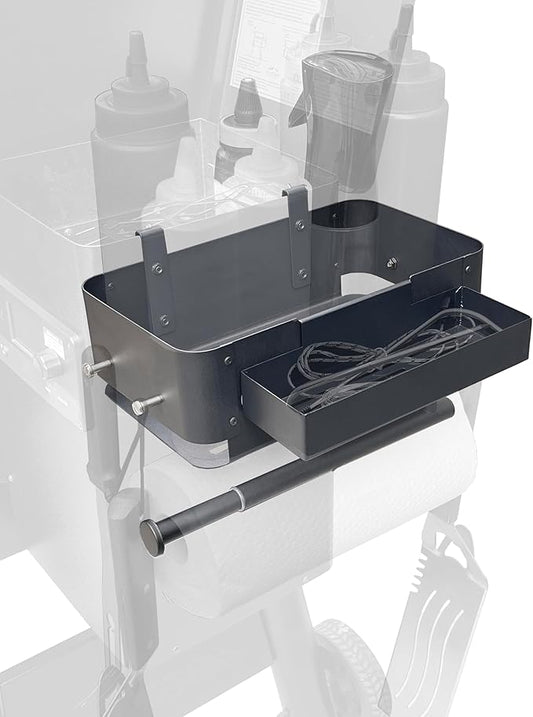 Storage Bin for Traeger Pellet Grill Caddy with Paper Towel Holder, Temperature Probe Box, and Hanging Hooks – Smoker Accessories for Traeger Pro Series 22/34, Ironwood 885/650, Pro 780/575, Pit Boss