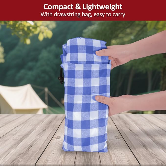 6ft 72in Picnic Table and Bench Cover, 3 Pack, Blue-White Checkered | Drawstring Bag, Waterproof Windproof, Elastic Fitted Edges Tablecloth, for Rectangle Table & Seat, Camping Essentials RV Gear