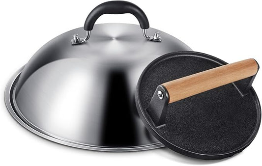 Griddle Accessories for Blackstone, Commercial Grade 12 Inch Heavy Duty Round Melting Dome with 7" Round Cast Iron Grill Burger Bacon Press, Perfect for Blackstone Camp Chef Flat Top Griddle Grill