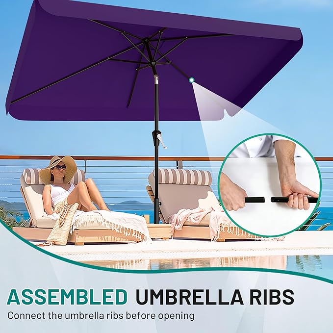 AreShark 6.5 x 10 FT Rectangular Valance Patio Umbrella, Outdoor Umbrella with Tilt and Crank, Market Table Umbrellas W/ 6 Ribs UV Protection for Garden, Deck, Backyard and Pool, Dark Purple