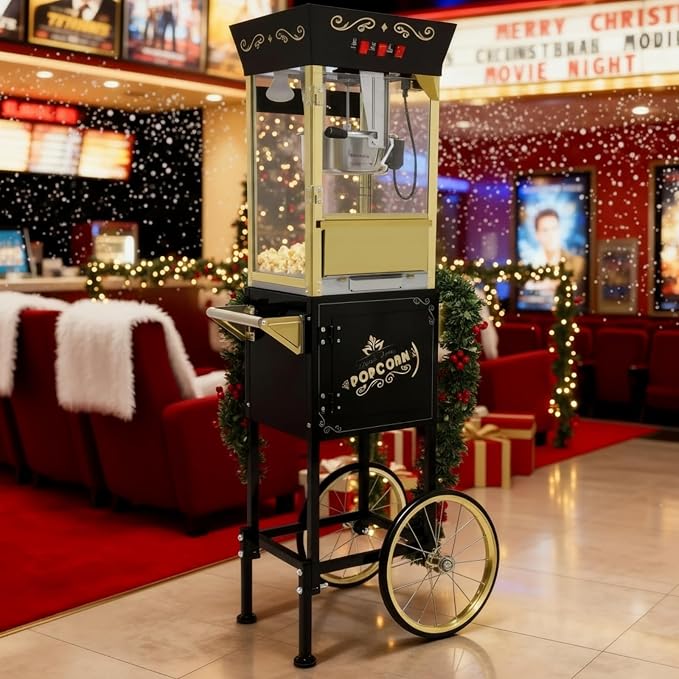 12 Oz Popcorn Machine with Cart, Vintage Movie Theater Style Professional Cart with 4 Cups & 1 Scoop, Pop Corn Popper for Home Theater, Parties, Events, Black