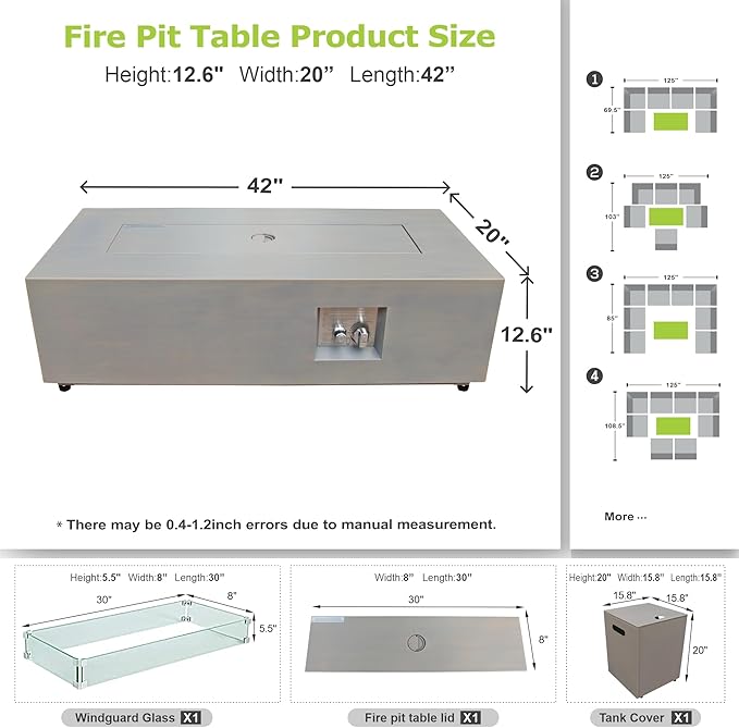 SUNPEAK 42" Modern Fire Pit Table with LED Light 50,000 BTU Deck Fire Pit Table Includes Wind Guard, Lid, Rocks & Cover - Propane Gas Patio Fireplace, Chimenea para Patio (Grey/Golden Light, 42" LED)