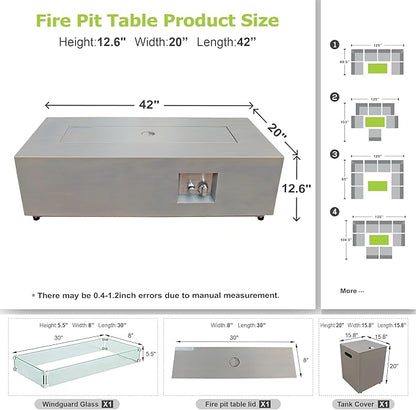 SUNPEAK 42" Modern Fire Pit Table with LED Light 50,000 BTU Deck Fire Pit Table Includes Wind Guard, Lid, Rocks & Cover - Propane Gas Patio Fireplace, Chimenea para Patio (Grey/Golden Light, 42" LED)