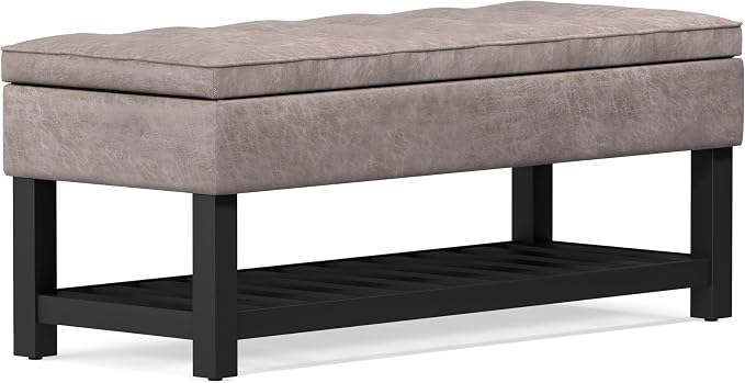 SIMPLIHOME Cosmopolitan Storage Ottoman Bench - 44 inch Wide Upholstered Vegan Leather Rectangle Storage Ottoman in Distressed Grey Taupe, Transitional Bench for Bedroom with Tufted Lift-Top and Shelf