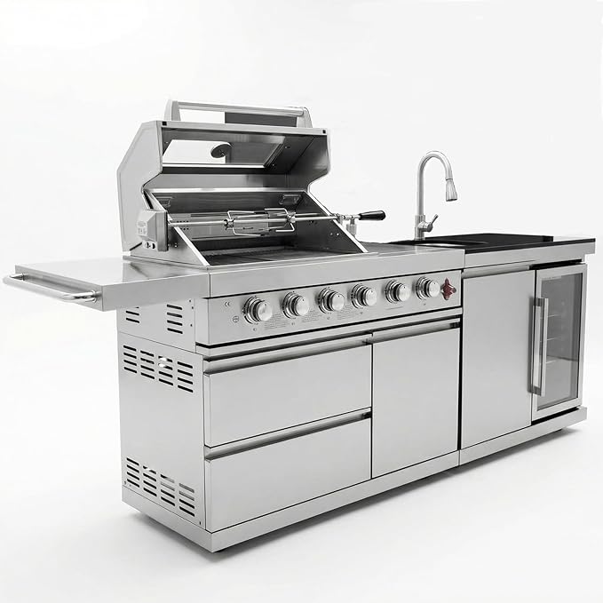 84" Modular Outdoor Kitchen Island, 4-Burner 75,300 BTU BBQ Island with Side Burner, Integrated Sink & Refrigerator, Side Prep Shelf, NG Conversion Kit, for Backyard and Patio Cooking, Silver