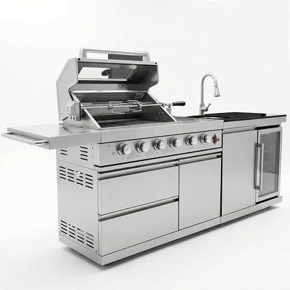 84" Modular Outdoor Kitchen Island, 4-Burner 75,300 BTU BBQ Island with Side Burner, Integrated Sink & Refrigerator, Side Prep Shelf, NG Conversion Kit, for Backyard and Patio Cooking, Silver
