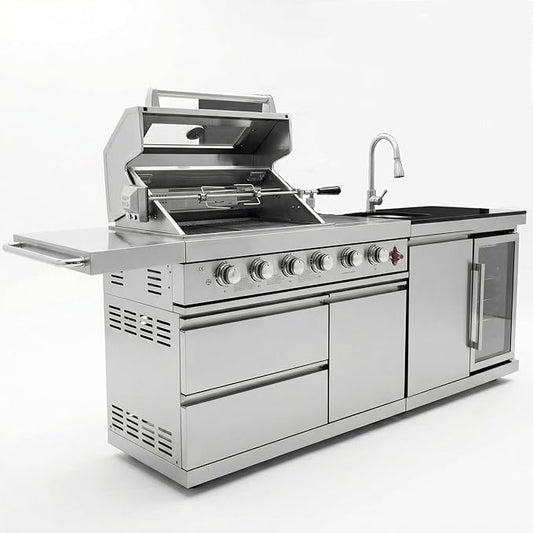84" Modular Outdoor Kitchen Island, 4-Burner 75,300 BTU BBQ Island with Side Burner, Integrated Sink & Refrigerator, Side Prep Shelf, NG Conversion Kit, for Backyard and Patio Cooking, Silver