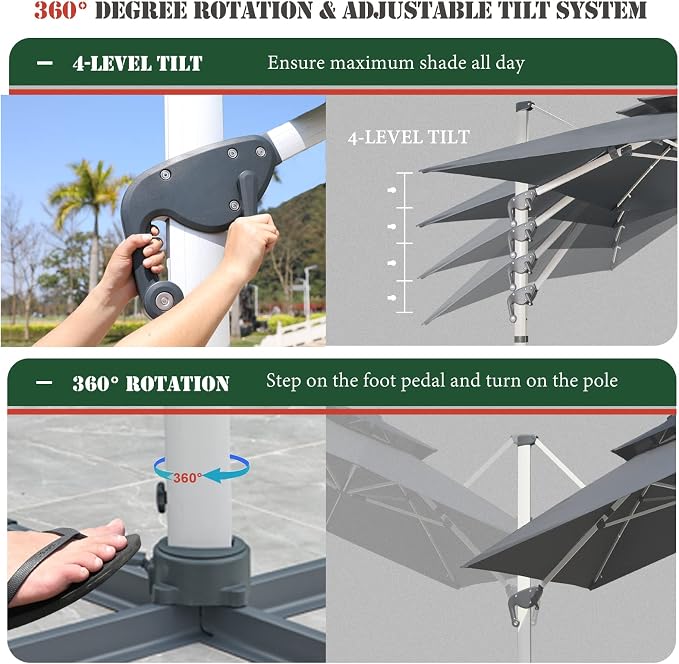 10x10 FT Square Cantilever Patio Umbrella with Solar LED Lights and Cross Base, 360° Rotation Large Heavy Duty Offset Outdoor Umbrella with Easy Tilt for Pool Backyard Deck Garden, Grey