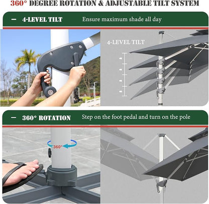 10x10 FT Square Cantilever Patio Umbrella with Solar LED Lights and Cross Base, 360° Rotation Large Heavy Duty Offset Outdoor Umbrella with Easy Tilt for Pool Backyard Deck Garden, Grey