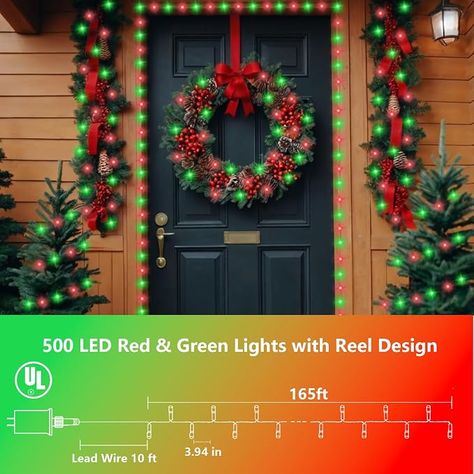 YEGUO 165ft 500 LED Red and Green Christmas Lights Outdoor Waterproof, Clear Wire String Lights Indoor Plug in, 8 Modes Clear Wire Twinkle Tree Light for Xmas Party Garden