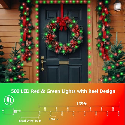 YEGUO 165ft 500 LED Red and Green Christmas Lights Outdoor Waterproof, Clear Wire String Lights Indoor Plug in, 8 Modes Clear Wire Twinkle Tree Light for Xmas Party Garden