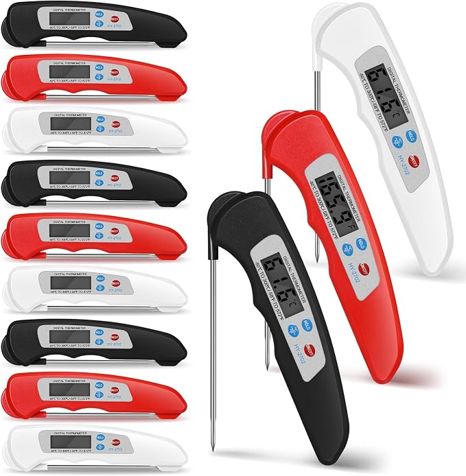 Xuhal 12 Pcs Digital Meat Thermometer with Probe Waterproof Instant Read Foldable Food Thermometer with Magnet for Kitchen Grilling Cooking Turkey Baking BBQ(Black, Red, White)