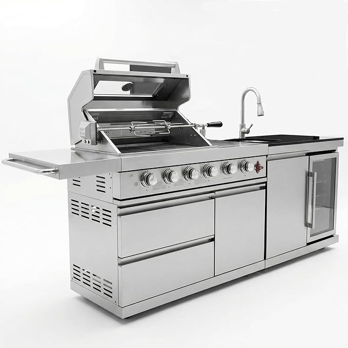 Premium 6-Burner 304 Stainless Steel Outdoor Kitchen Island with Grill, Sink, Refrigerator, Rotisserie & LED Lighting | 75,300 BTU Modular BBQ Station for Patio Backyard