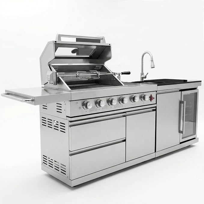 RIGO 84" 6 Burner Outdoor Kitchen Island Grill,75300 BTU 304 Stainless Dual Fuel BBQ Grill with Sink,Fridge & Granite Countertop for Backyard Commercial Use