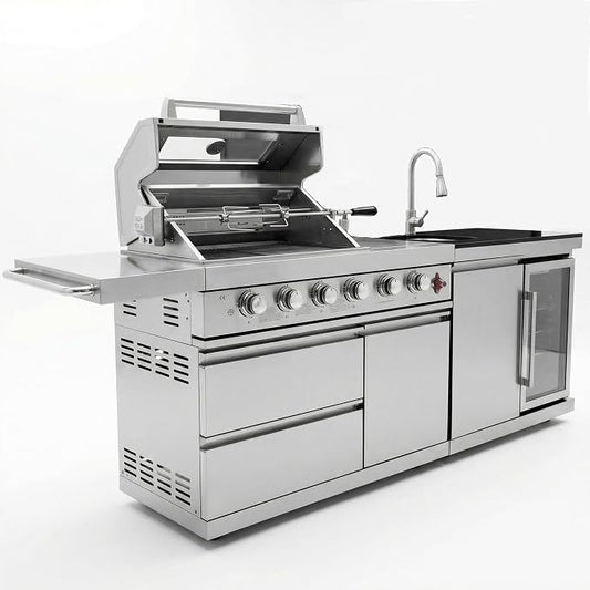 RIGO 84" 6 Burner Outdoor Kitchen Island Grill,75300 BTU 304 Stainless Dual Fuel BBQ Grill with Sink,Fridge & Granite Countertop for Backyard Commercial Use
