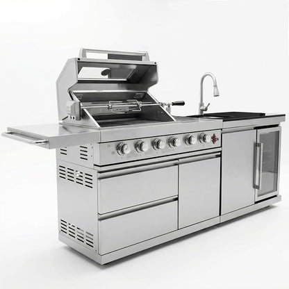 Modular Outdoor Kitchen Island, 6-Burner Gas Grill, 75300 BTU,Silver | 304 Stainless Steel,Garden Outdoor Cooking Backyard, Side Burners Sink,Wine,Cooler,Refrigerator,Rotisserie Kit