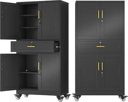 71" Metal Garage Storage Cabinet with Wheels and Locking Doors and Tall Rolling Steel Tool Cabinet with 3 Adjustable Shelves for Garage,Home,Office,Shop (Black, 71" H x 35.43W x 15.74" D)