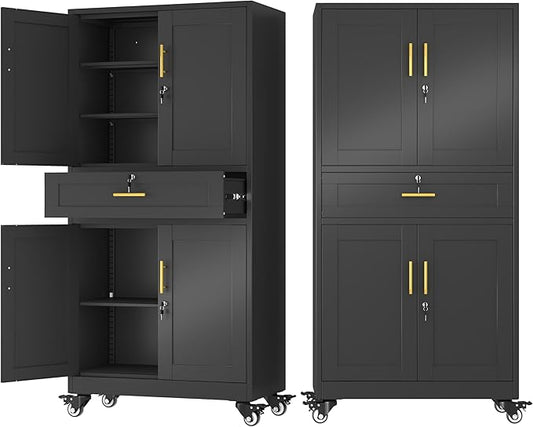 71" Metal Garage Storage Cabinet with Wheels and Locking Doors and Tall Rolling Steel Tool Cabinet with 3 Adjustable Shelves for Garage,Home,Office,Shop (Black, 71" H x 35.43W x 15.74" D)