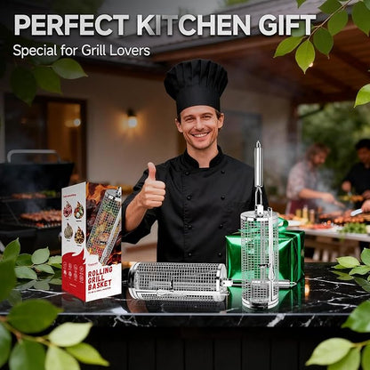 Chenovate® Heavy Duty Rolling Grill Baskets with Side-opening and Removable Handle,Grill Accessories for Veggies Shrimp Meat,Food-grade Stainless Steel,Kitchen Gadgets Fits Outdoor Cooking & Picnics,Camping Essentials,Ideal Gifts for Father's Day,Festi...