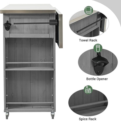 Outdoor Kitchen Island 52.25" W x 28.75" D x 36.25" H Solid Fir Wood with Stainless Steel Top Grey