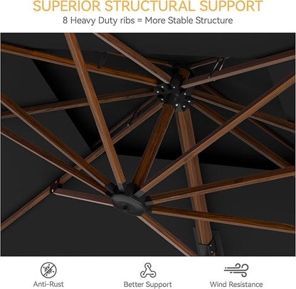 10x13 FT Wood Pattern Patio Umbrella with Base, Large Deluxe Cantilever Rectangular Double Top Heavy Duty Offset Umbrellas with 360° Rotation, Outdoor shade for Garden Pool Patio, Black