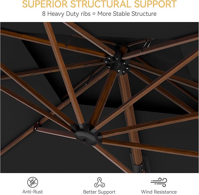 10x13 FT Wood Pattern Patio Umbrella, Large Deluxe Cantilever Rectangular Double Top Heavy Duty Offset Umbrellas with 360° Rotation, Outdoor shade for Garden Deck Pool Patio, Black
