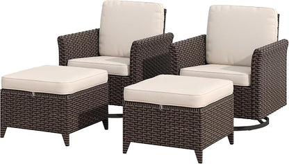 4 Pieces Patio Furniture Set, 2 High Back Swivel Chairs & 2 Ottomans, All-Weather PE Wicker Furniture with Waterproof Cushions for Deck, Garden, Porch
