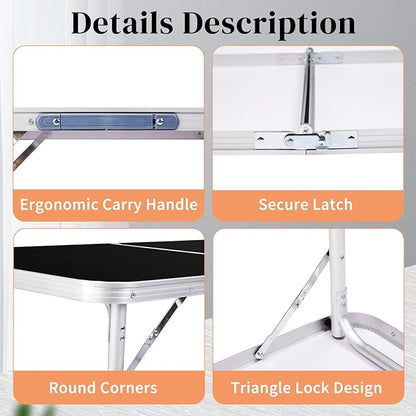 3.0 Ft Folding Portable Camping Table with Adjustable Height Legs, RV Dining Tables, Grill, DJ, BBQ, Dining, Picnic, Cooking, Beach, Garden, Black