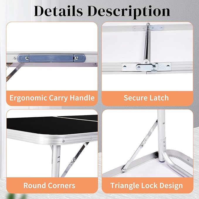 4.0 Ft Folding Portable Camping Table with Three Adjustable Heights, RV Tables for Inside a Camper, Outdoor, BBQ, Dining, Picnic, Cooking, Beach, Garden, Black