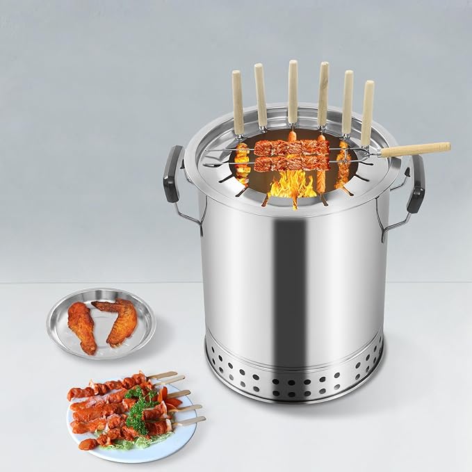 Large Portable Charcoal Grills, 2 in 1 Vertical Smoker, 360° Smokeless Stainless Steel BBQ Grill Barrel for Outdoor Barbecue, Camping, And Backyard Cooking (Mini-16 Skewers)