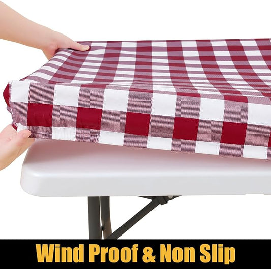 Smiry Rectangle Picnic Table Cloth, Elastic Waterproof Fitted Vinyl Tablecloths, Flannel Backed Buffalo Plaid Table Covers for Dining, Camping, Outdoor (Burgundy and White, 30" x 72")