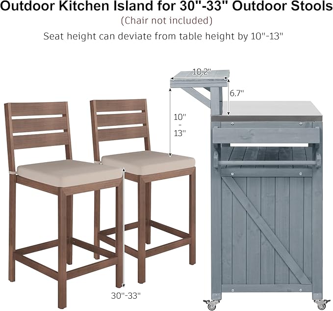 53.3" Outdoor Kitchen Island with Raised Shelf, Solid Wood Rolling Grill Cart with Stainless Steel Top, Storage Cabinet with Internal Racks, Adjustable Shelves & Spice Rack