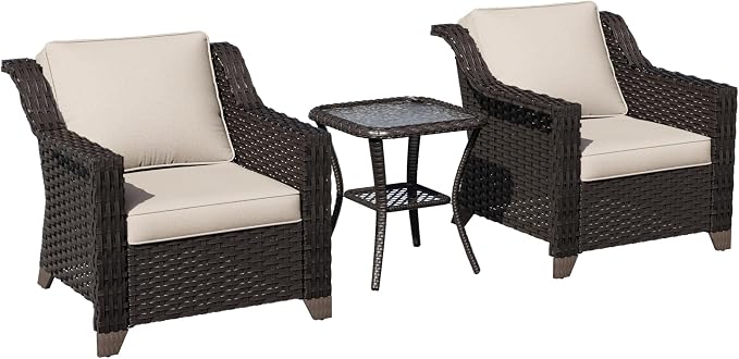 3 Piece Patio Furniture Set, Wicker Outdoor Conversation Set | Patio Chair Set with Olefin Removable Cushion, All-Weather Armchair Set with Deep Seat for Porch, Deck and Backyard, Beige