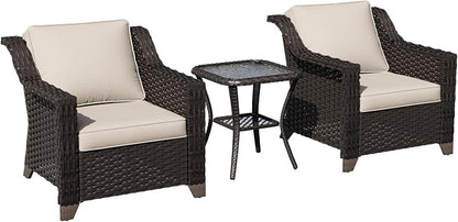 3 Piece Patio Furniture Set, Wicker Outdoor Conversation Set | Patio Chair Set with Olefin Removable Cushion, All-Weather Armchair Set with Deep Seat for Porch, Deck and Backyard, Beige